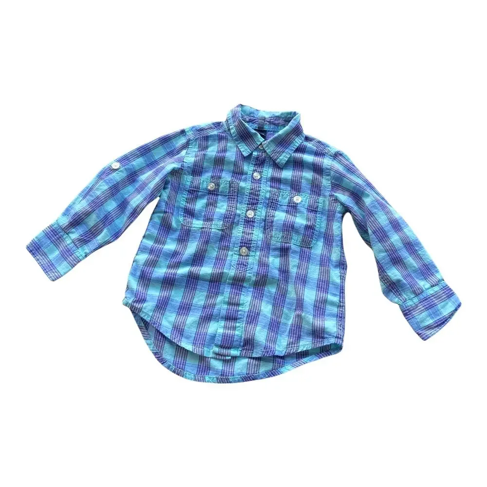 Gap Boys Shirt Size 2 Oceanside Blue Plaid Roll Tab Cuff Button Up‎ Front